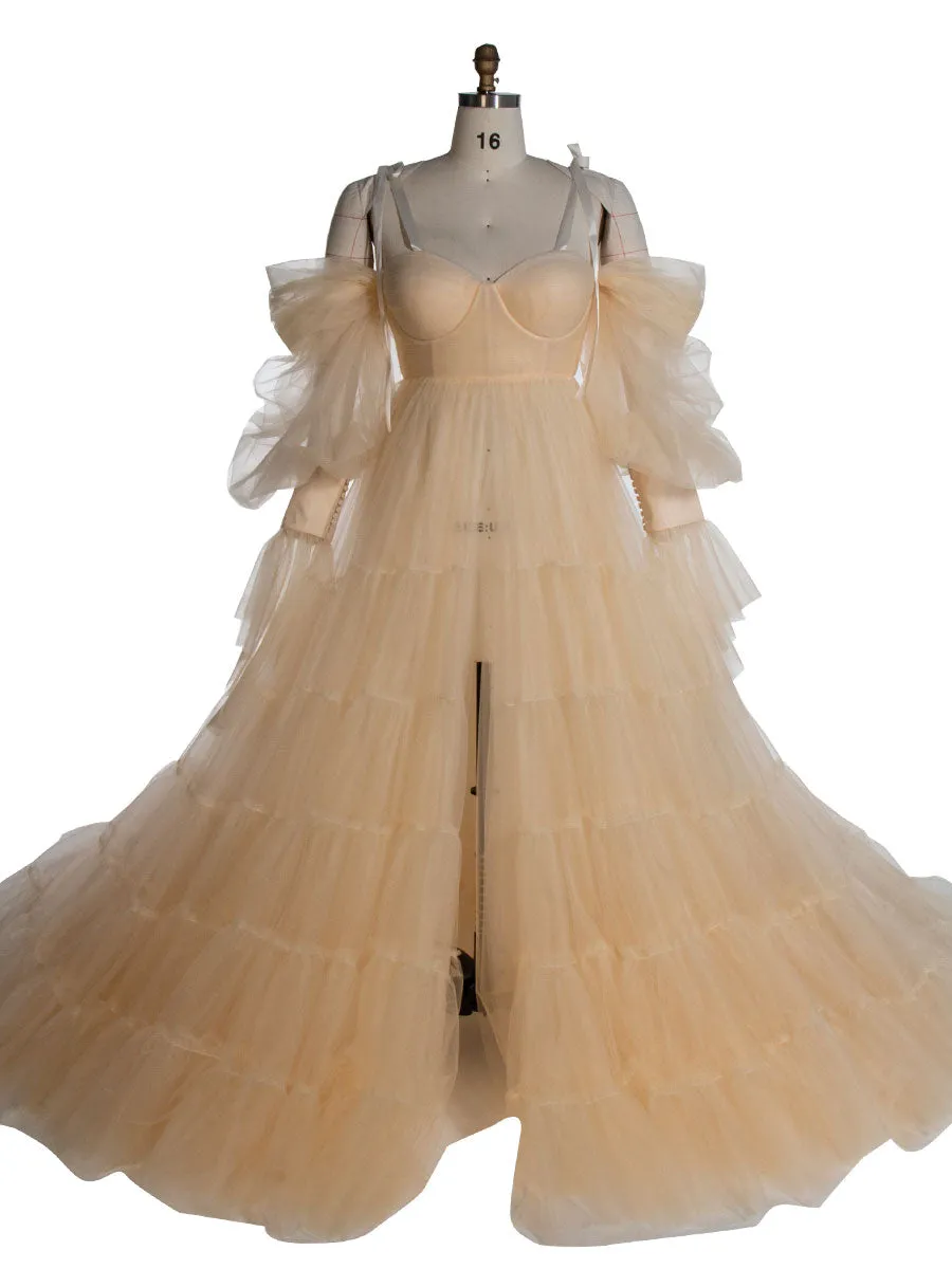Maternity Dress for Photo Shoot Tulle Gown Photography Dress with Front Belly Slit YW221106