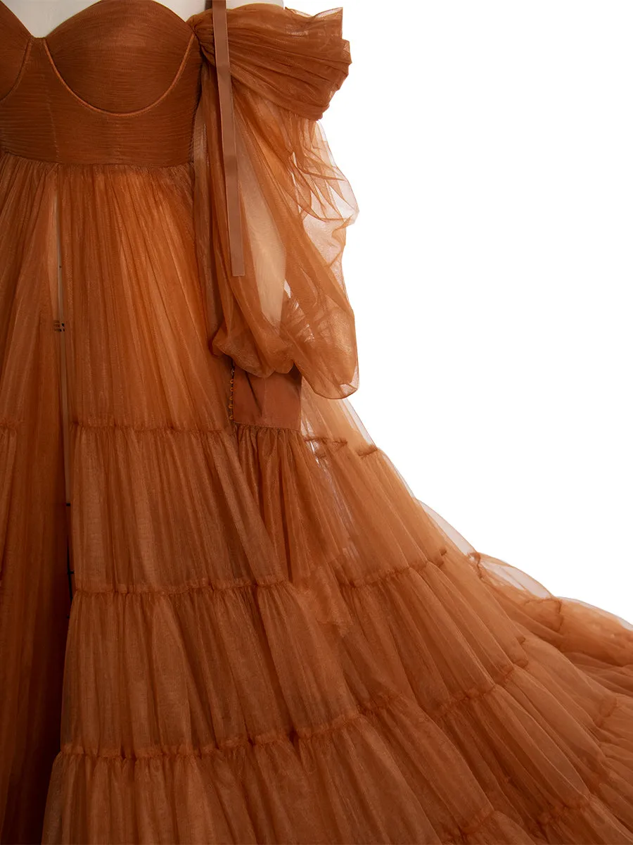 Maternity Dress for Photo Shoot Tulle Gown Photography Dress with Front Belly Slit YW221106