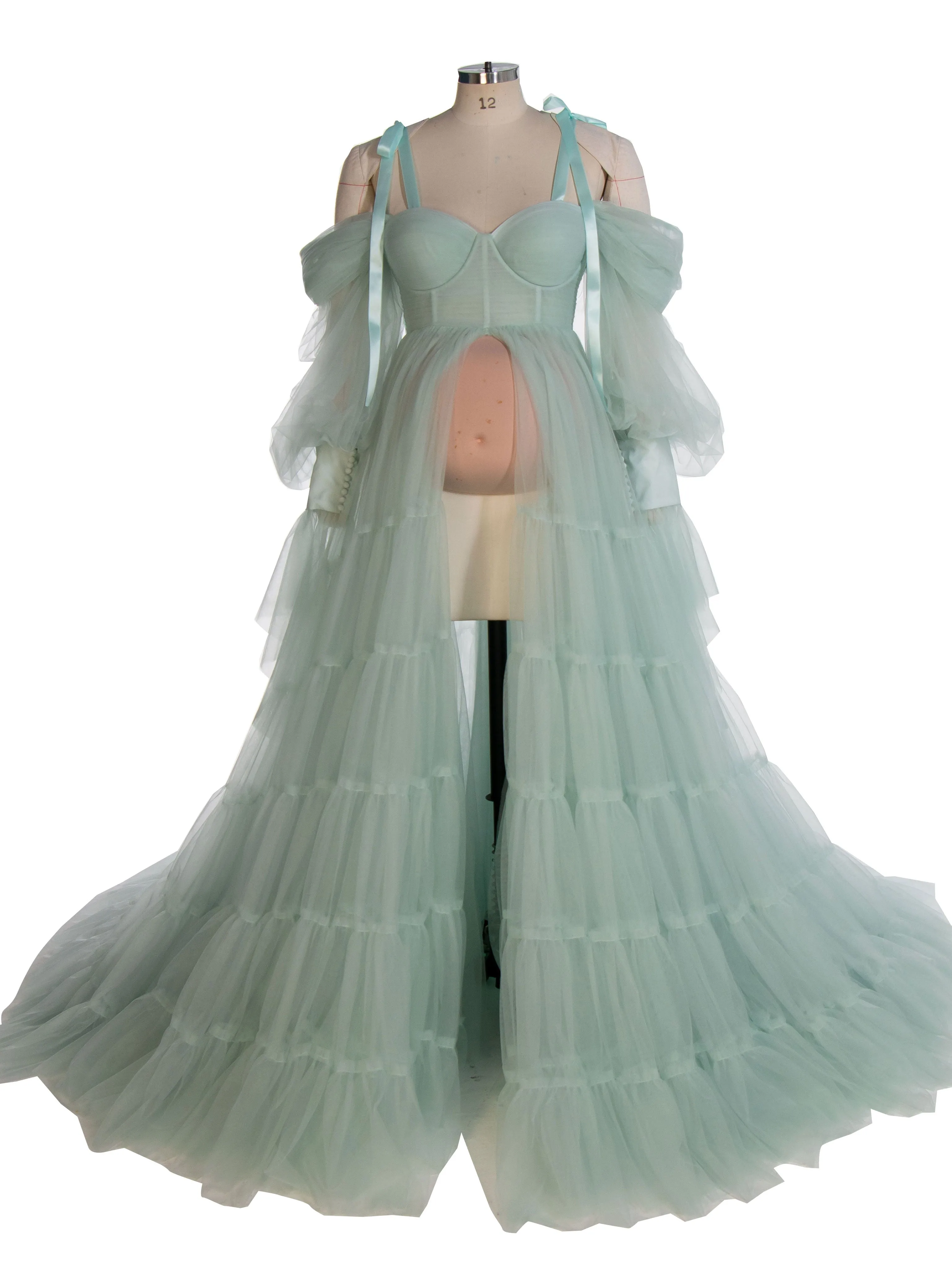 Maternity Dress for Photo Shoot Tulle Gown Photography Dress with Front Belly Slit YW221106