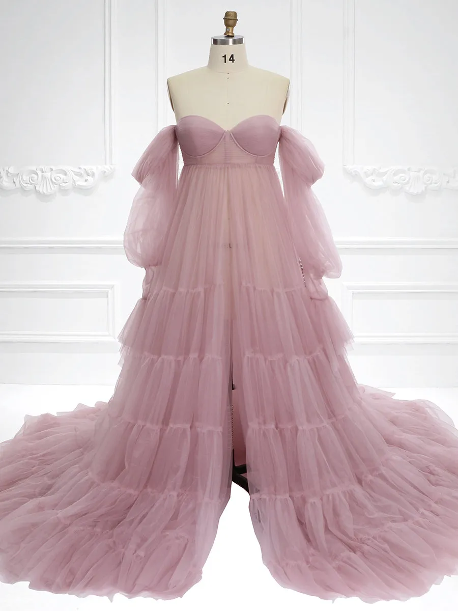 Maternity Dress for Photo Shoot Tulle Gown Photography Dress with Front Belly Slit YW221106