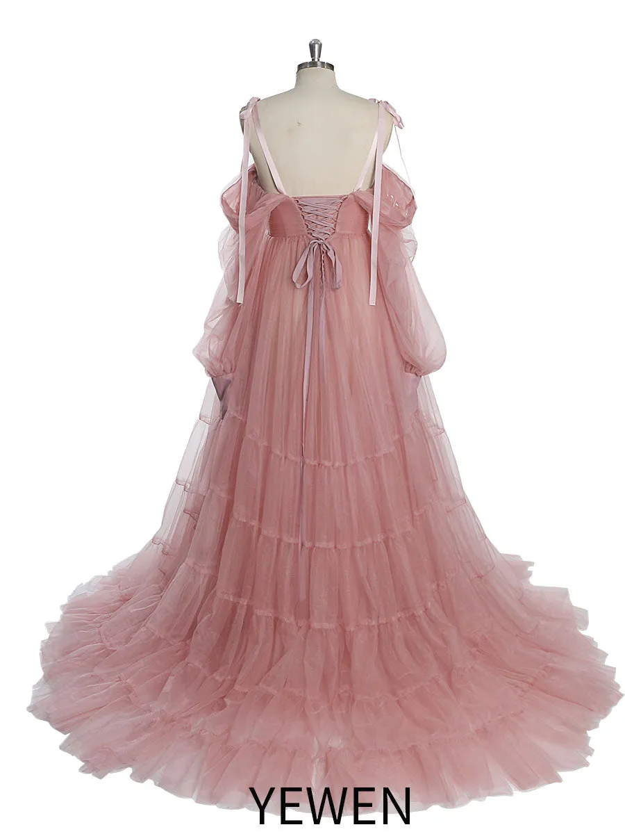 Maternity Dress for Photo Shoot Tulle Gown Photography Dress with Front Belly Slit YW221106