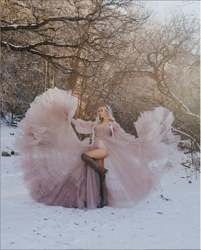 Maternity Dress for Photo Shoot Tulle Gown Photography Dress with Front Belly Slit YW221106