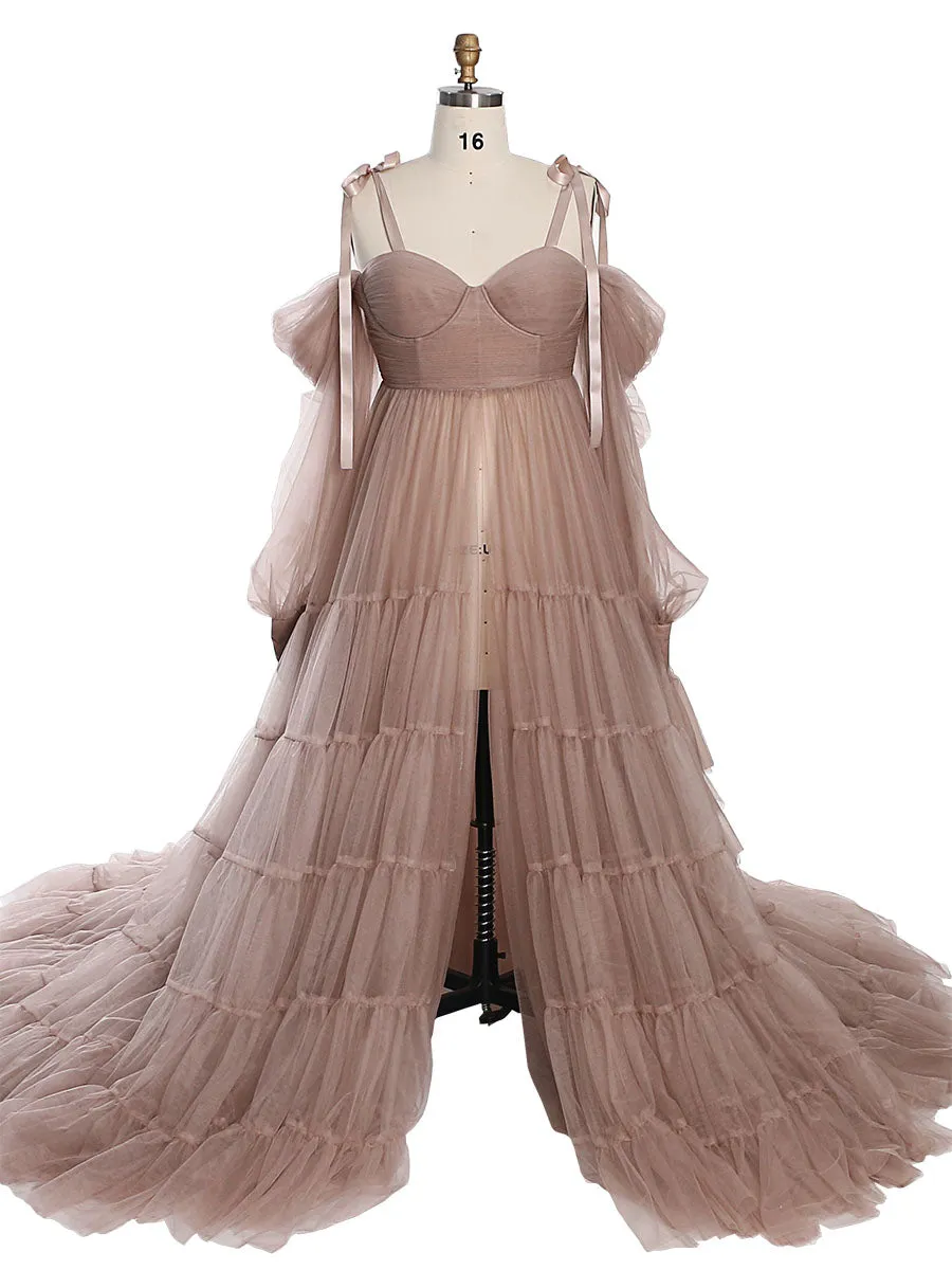 Maternity Dress for Photo Shoot Tulle Gown Photography Dress with Front Belly Slit YW221106