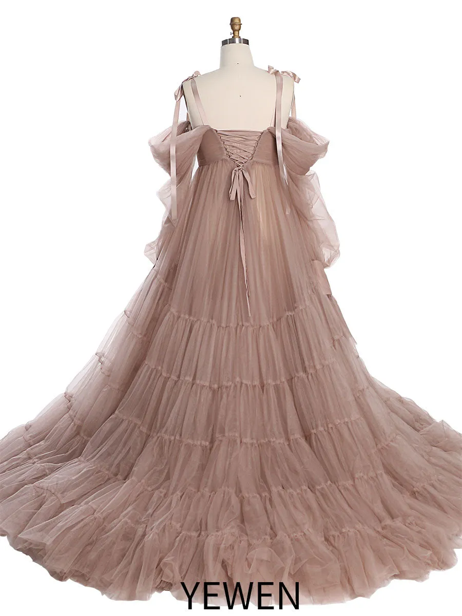 Maternity Dress for Photo Shoot Tulle Gown Photography Dress with Front Belly Slit YW221106