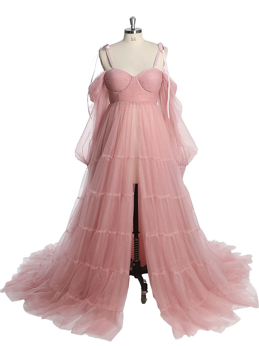 Maternity Dress for Photo Shoot Tulle Gown Photography Dress with Front Belly Slit YW221106