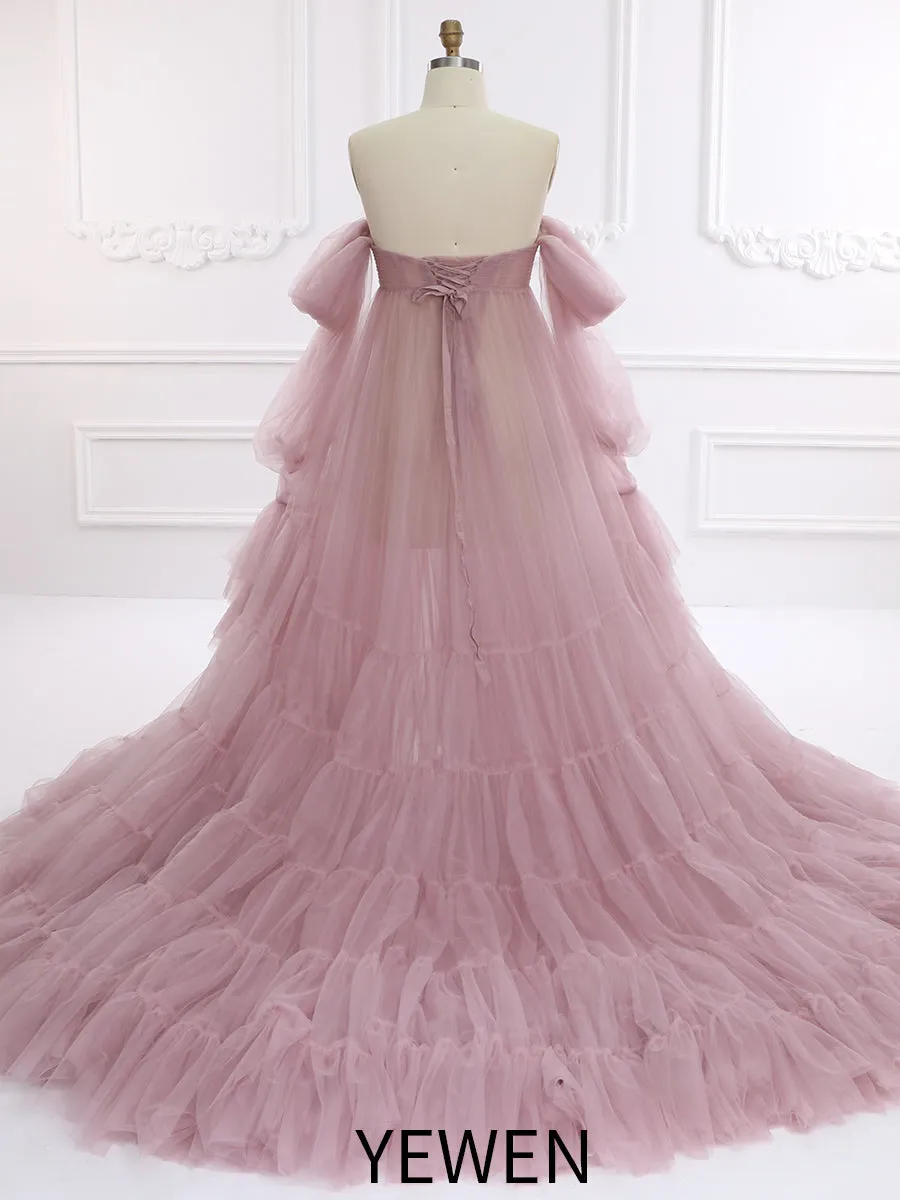 Maternity Dress for Photo Shoot Tulle Gown Photography Dress with Front Belly Slit YW221106