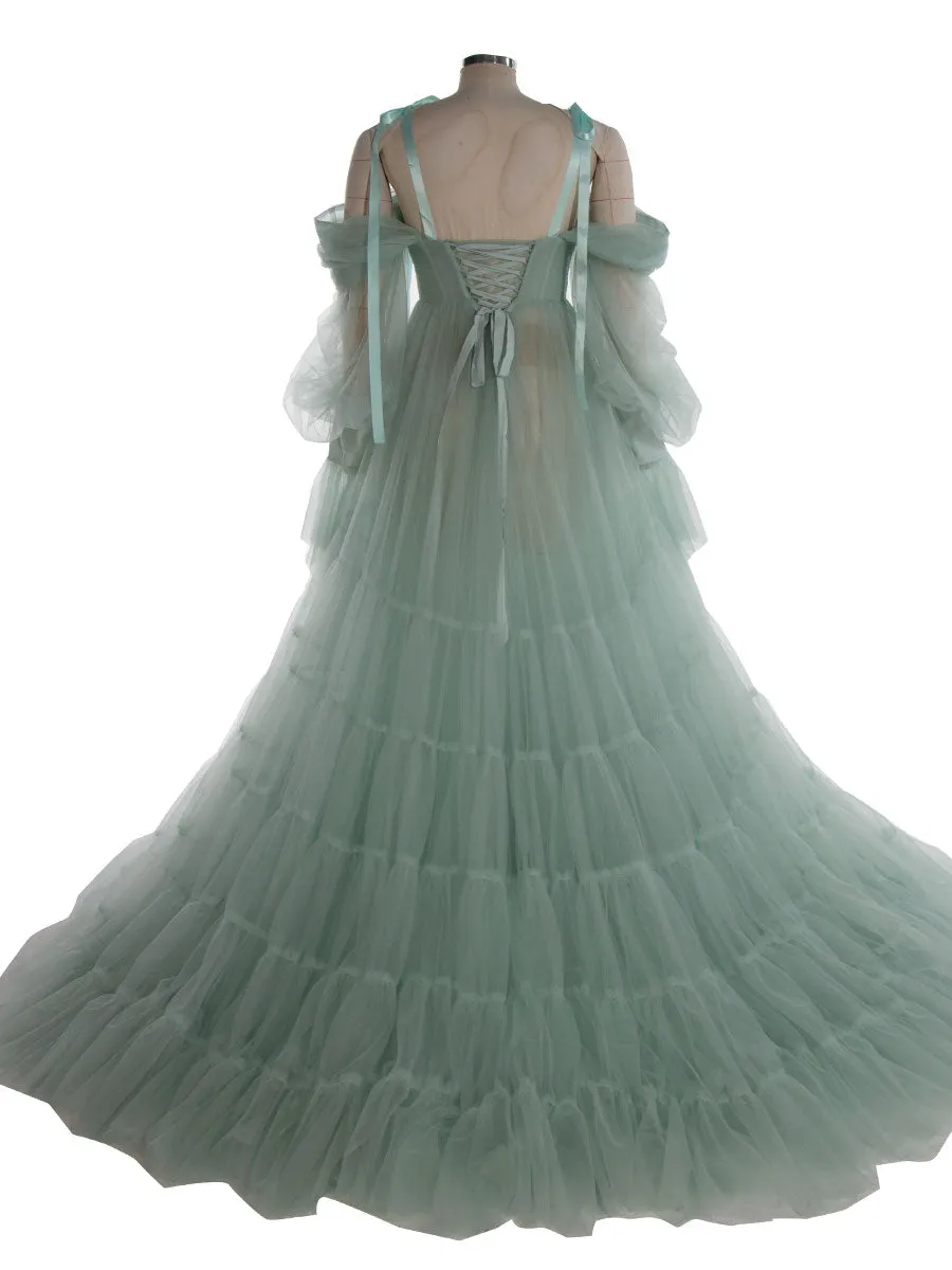 Maternity Dress for Photo Shoot Tulle Gown Photography Dress with Front Belly Slit YW221106