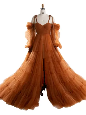 Maternity Dress for Photo Shoot Tulle Gown Photography Dress with Front Belly Slit YW221106