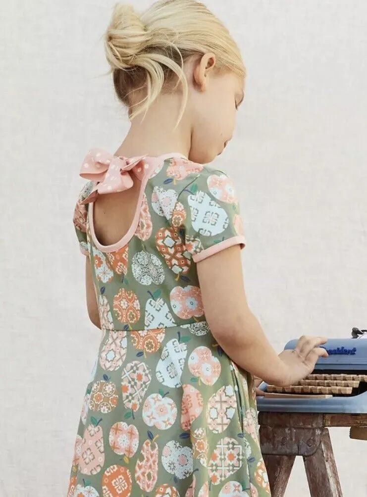 MATILDA JANE Girls Pear Print Dress Size 16 Olive Color Full Skirt Bow