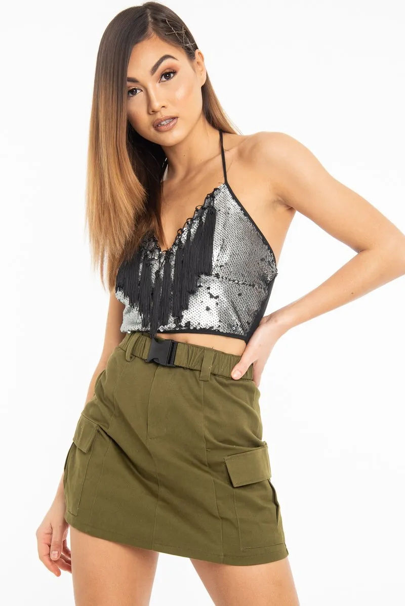 Matte Silver Sequin Tassel Front Plunge Crop Top - Stella