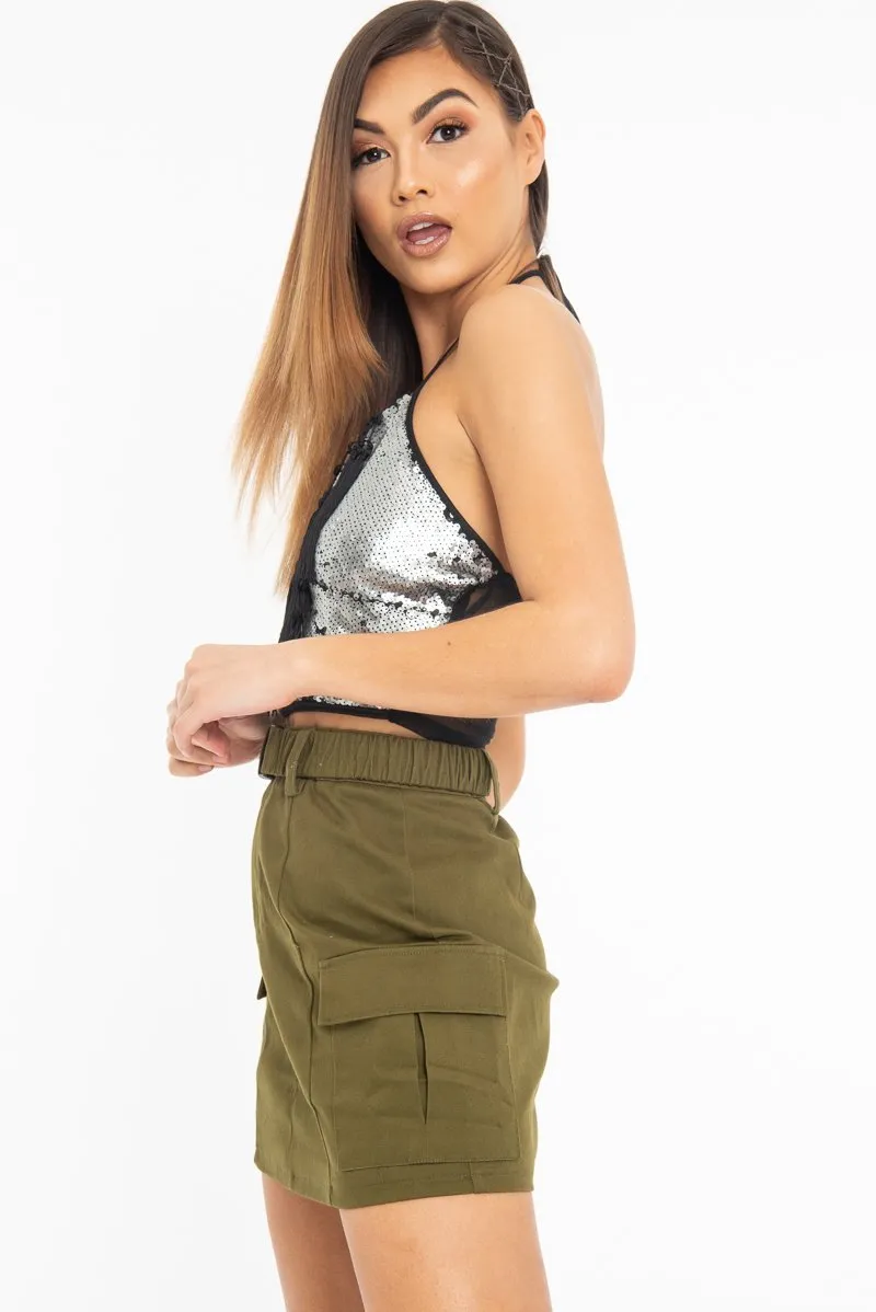 Matte Silver Sequin Tassel Front Plunge Crop Top - Stella