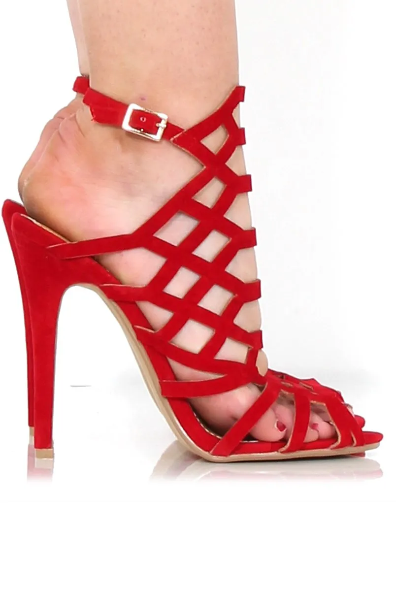 Merci Red Suede Caged Heels
