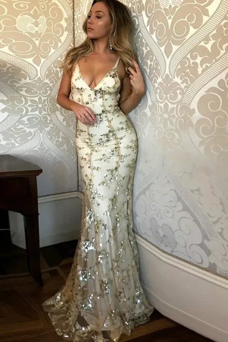 Mermaid V-Neck Floor-Length Champagne Lace Prom Dress with Sequins OHC062