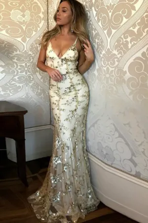 Mermaid V-Neck Floor-Length Champagne Lace Prom Dress with Sequins OHC062