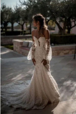 Mermaid Wedding Gown Off-the-Shoulder Long Sleeves Sweep Train Appliqued Wedding Dress OHD264