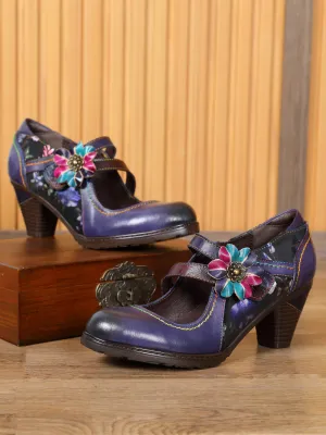 Milas Side Flower Appliqued Violet Leather Mary Jane