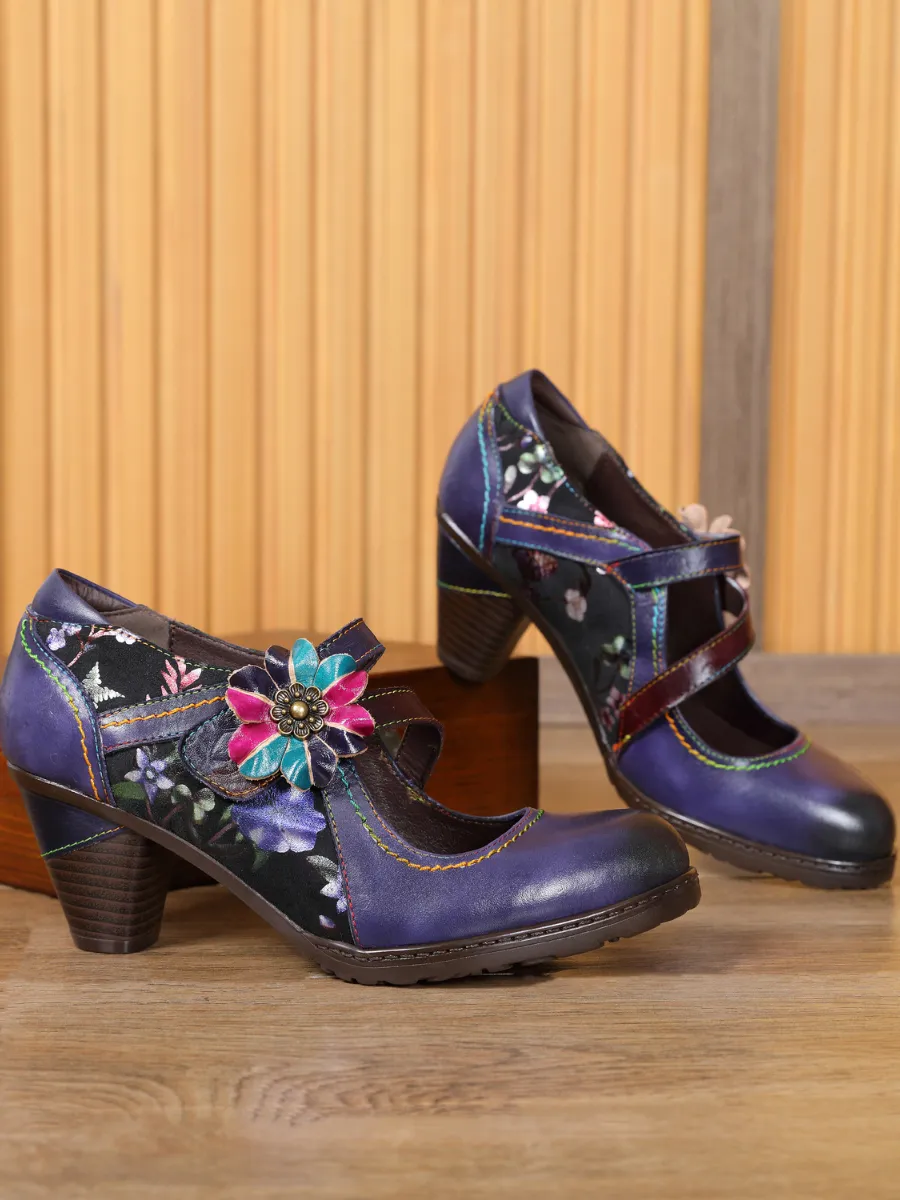 Milas Side Flower Appliqued Violet Leather Mary Jane