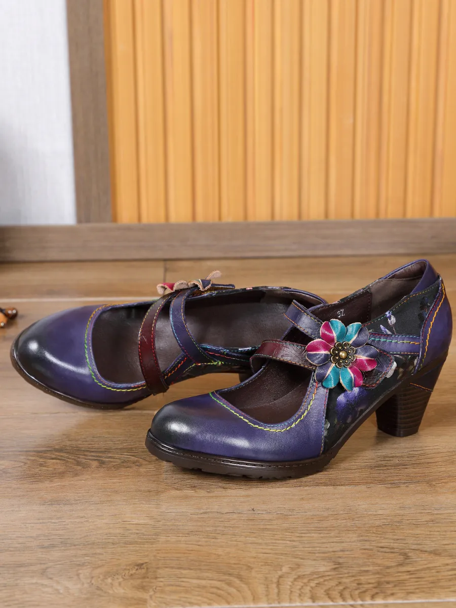 Milas Side Flower Appliqued Violet Leather Mary Jane