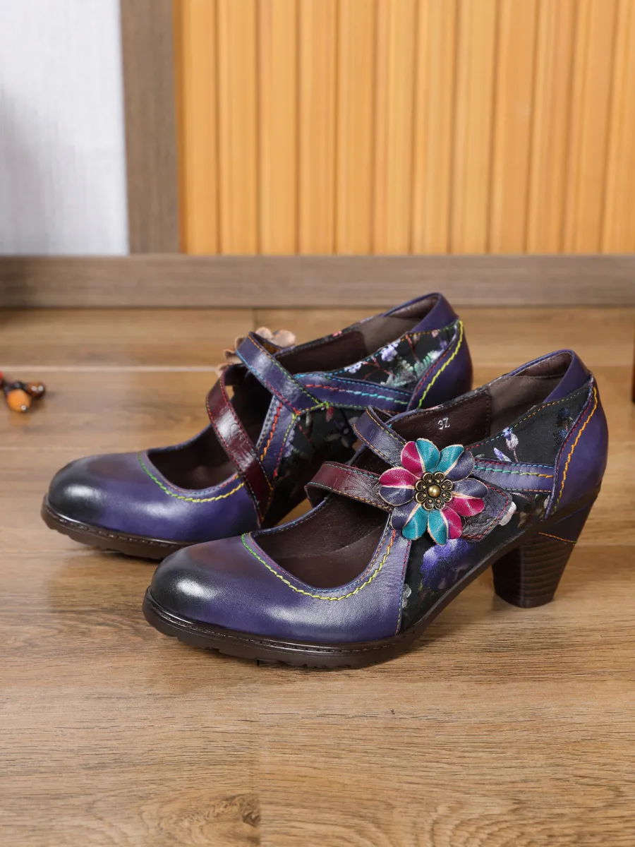Milas Side Flower Appliqued Violet Leather Mary Jane