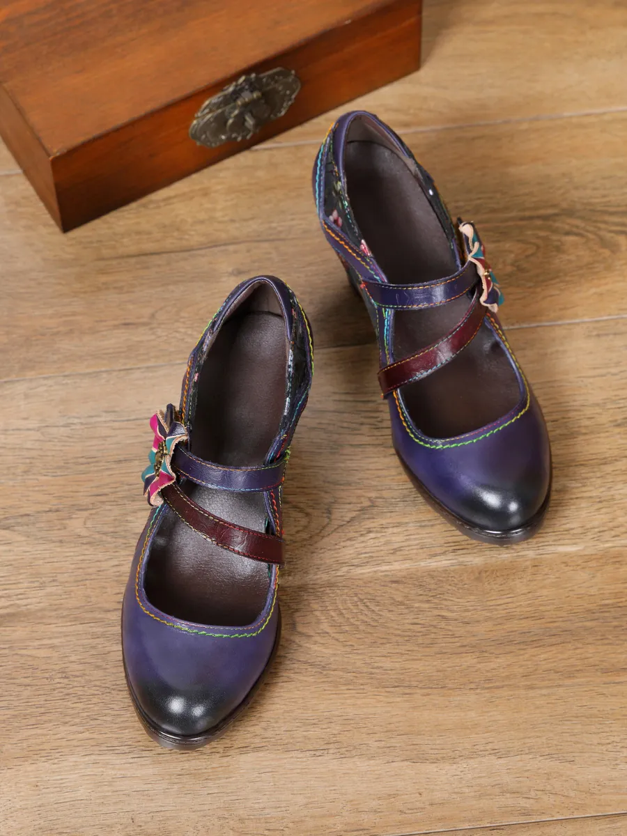 Milas Side Flower Appliqued Violet Leather Mary Jane