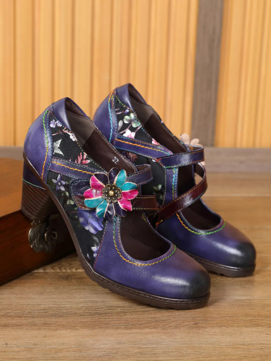 Milas Side Flower Appliqued Violet Leather Mary Jane