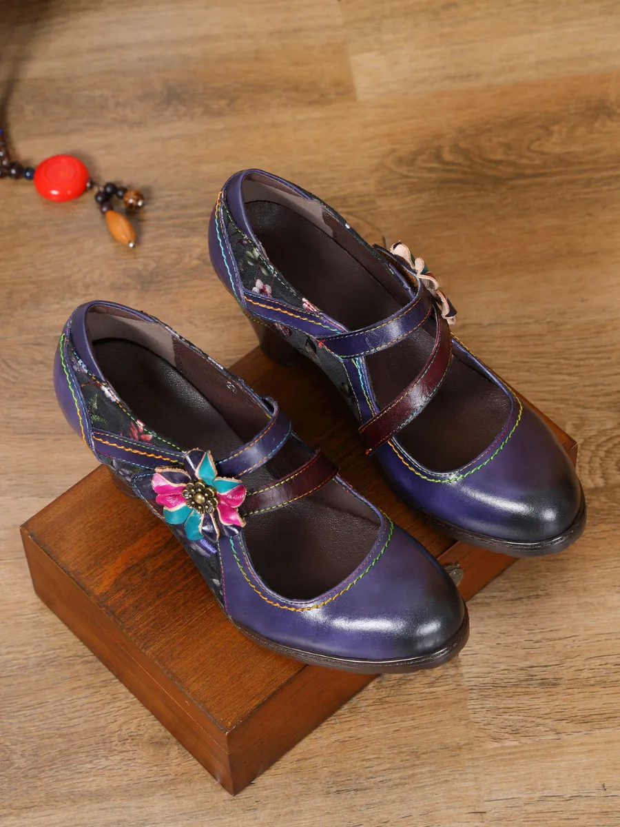 Milas Side Flower Appliqued Violet Leather Mary Jane