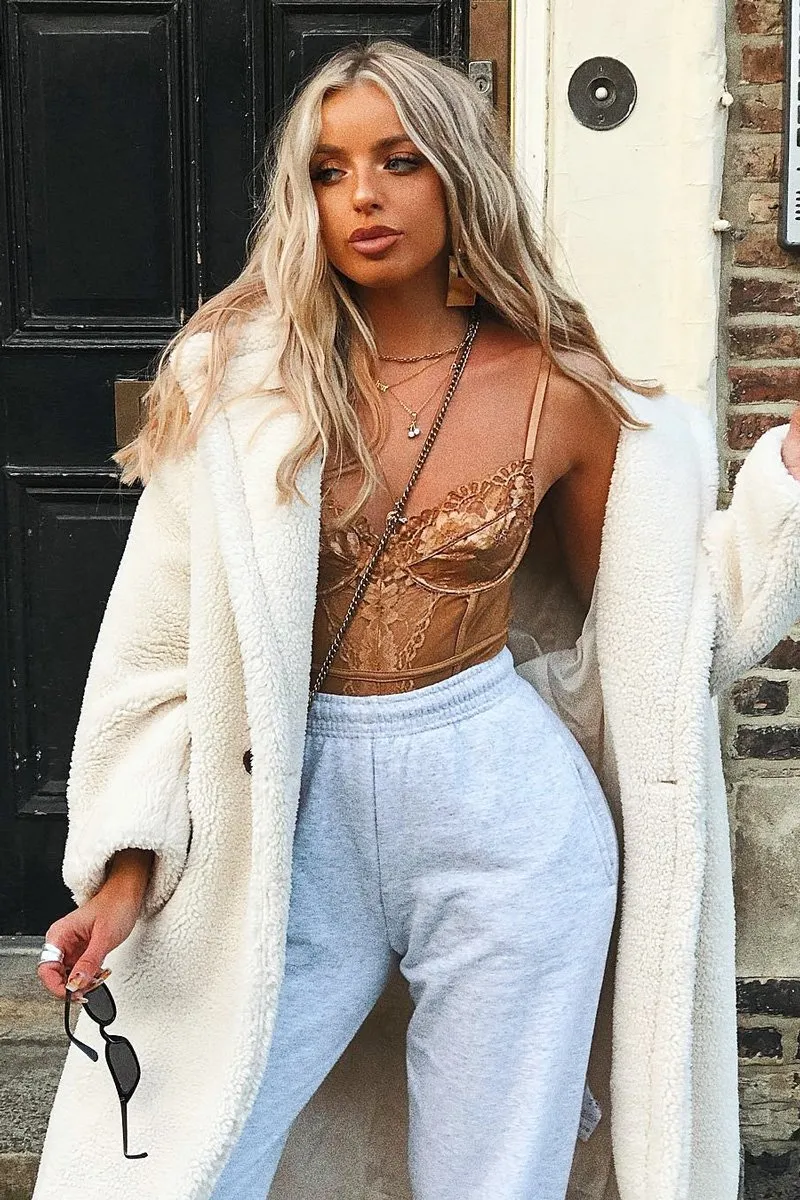 Mocha Lace Scalloped Hem Bodysuit - Celise