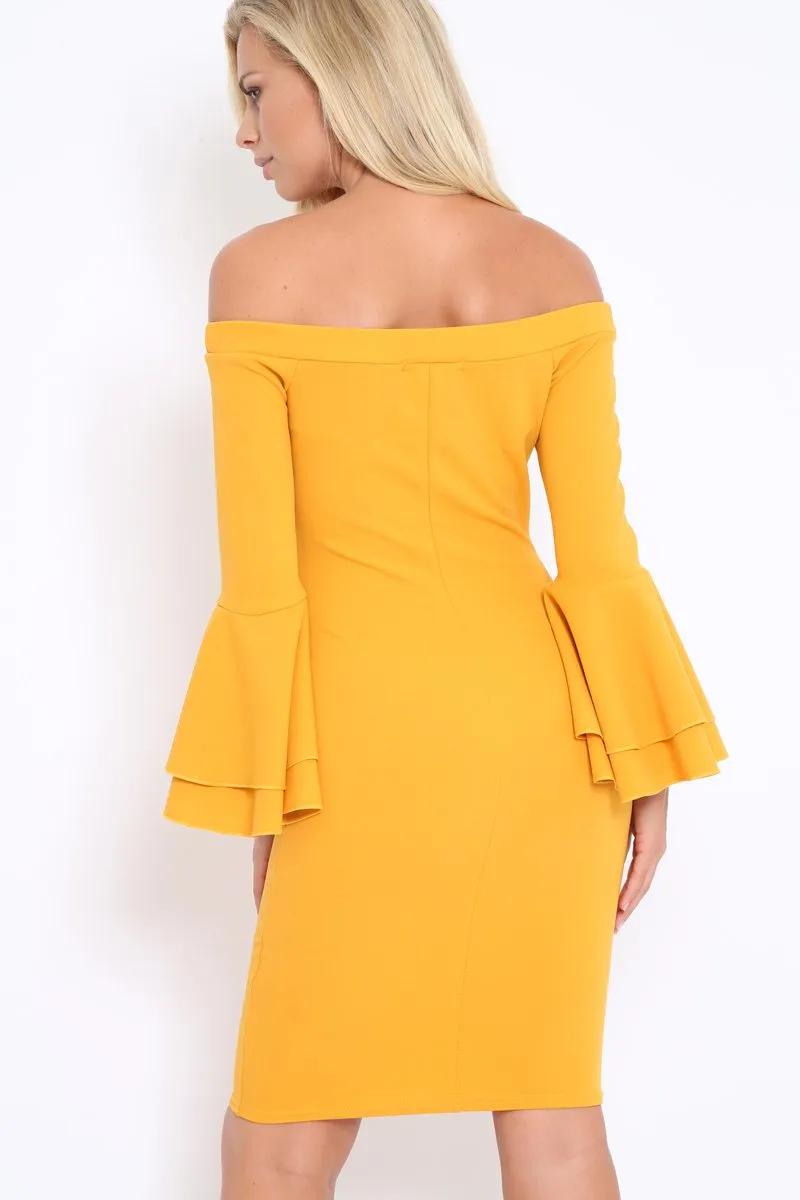 Mustard Bardot Flared Sleeve Dress - Ebony