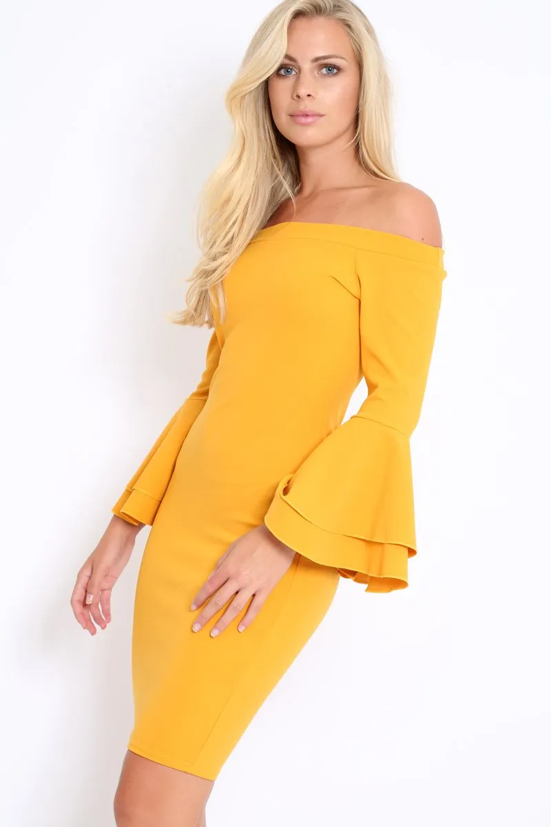 Mustard Bardot Flared Sleeve Dress - Ebony