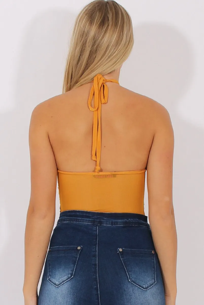 Mustard Mesh Flocked Halter Neck Bodysuit - Annetta
