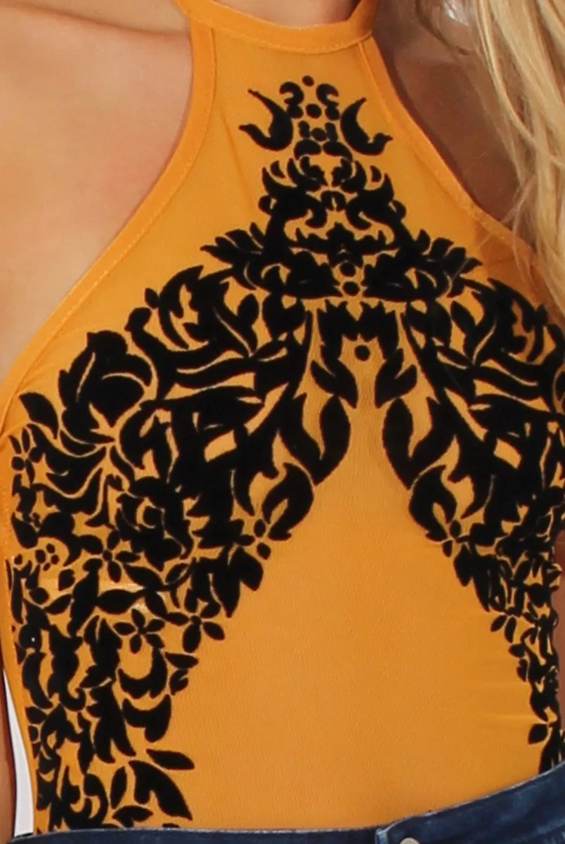 Mustard Mesh Flocked Halter Neck Bodysuit - Annetta