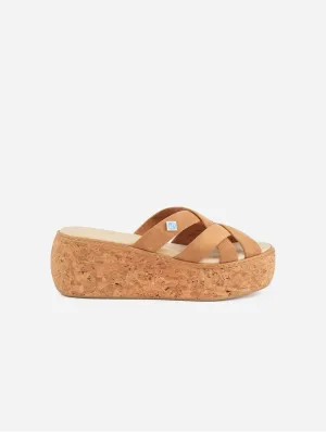 My Strips Vegan Suede & Cork Wedge Sandals | Camel