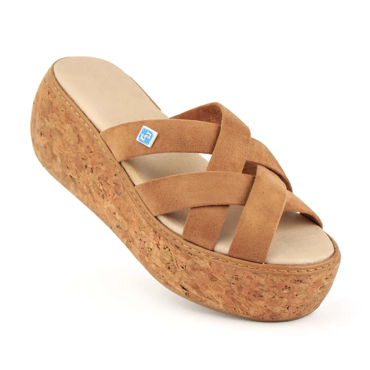 My Strips Vegan Suede & Cork Wedge Sandals | Camel