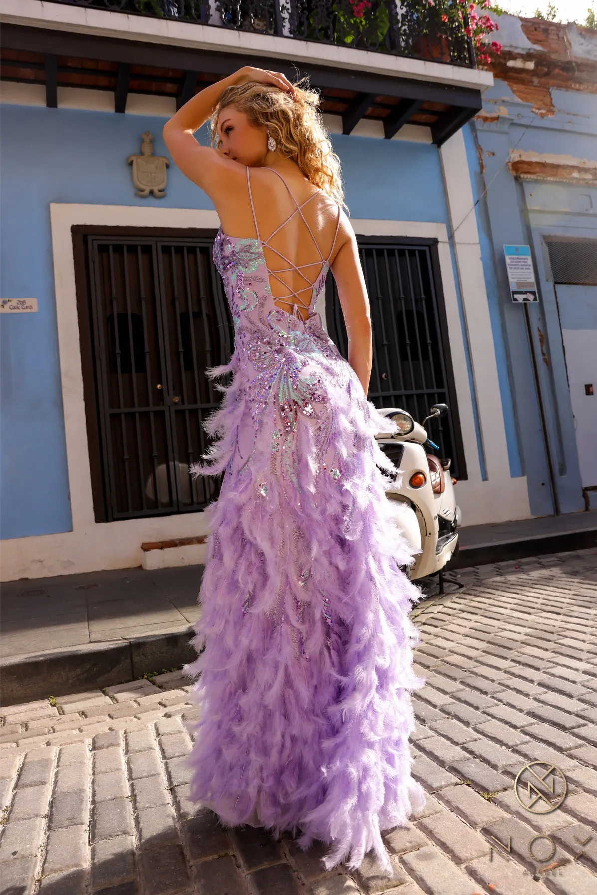 N C1413 - Sequin Embellished Fit & Flare Prom Gown with Feather Accents Open Lace Up Back & Leg Slit