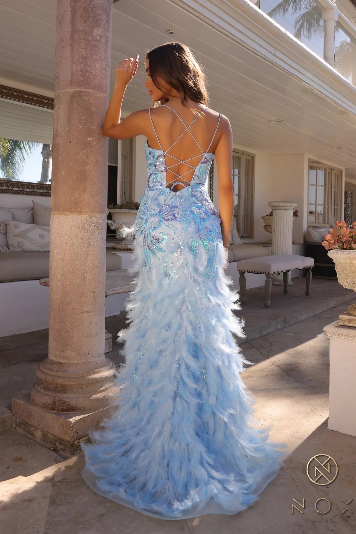 N C1413 - Sequin Embellished Fit & Flare Prom Gown with Feather Accents Open Lace Up Back & Leg Slit