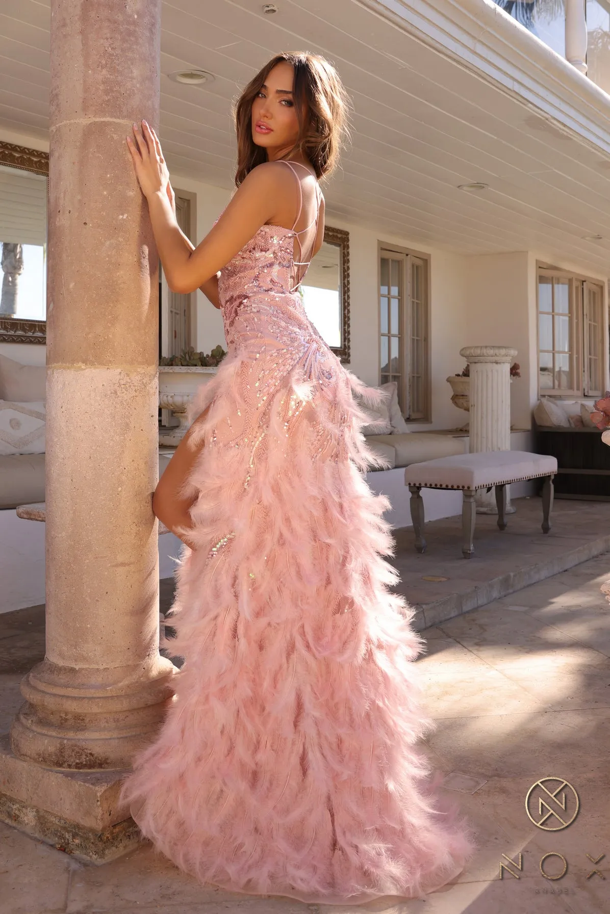 N C1413 - Sequin Embellished Fit & Flare Prom Gown with Feather Accents Open Lace Up Back & Leg Slit