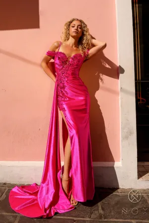 N E1451 - Off the Shoulder Floral Sequin Embroidered Fit & Flare Prom Gown with Open Lace Up Corset Back Side Sash & Leg Slit