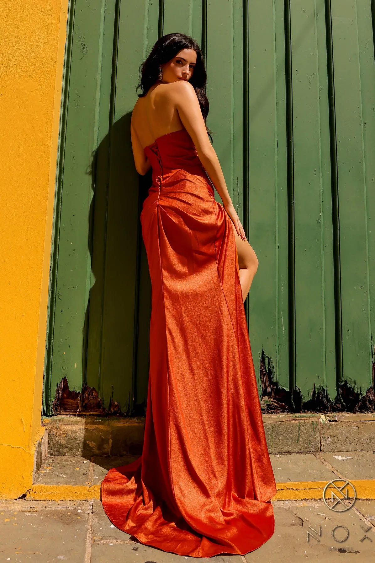 N F1380 - Strapless Prom Gown With Crystal Embellishments & Leg Slit Featuring Ruched Lace Up Corset Back