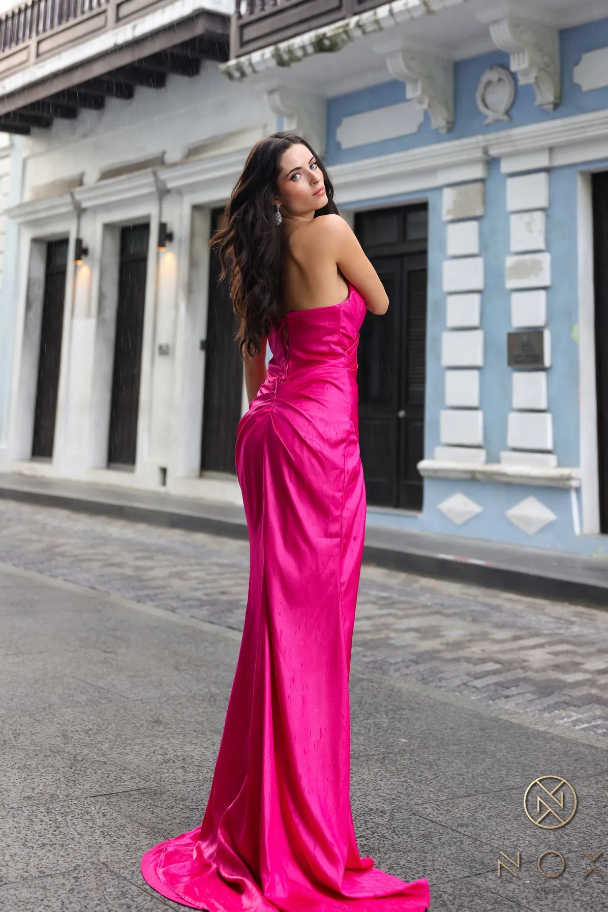N F1380 - Strapless Prom Gown With Crystal Embellishments & Leg Slit Featuring Ruched Lace Up Corset Back