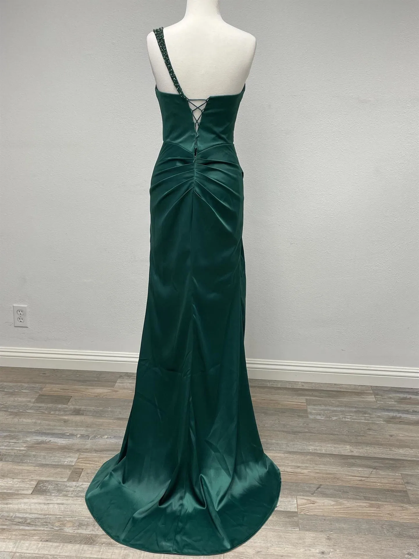 N F1381 - One Strap Beaded Accented Prom Gown With Leg Slit & Lace Up Corset Back