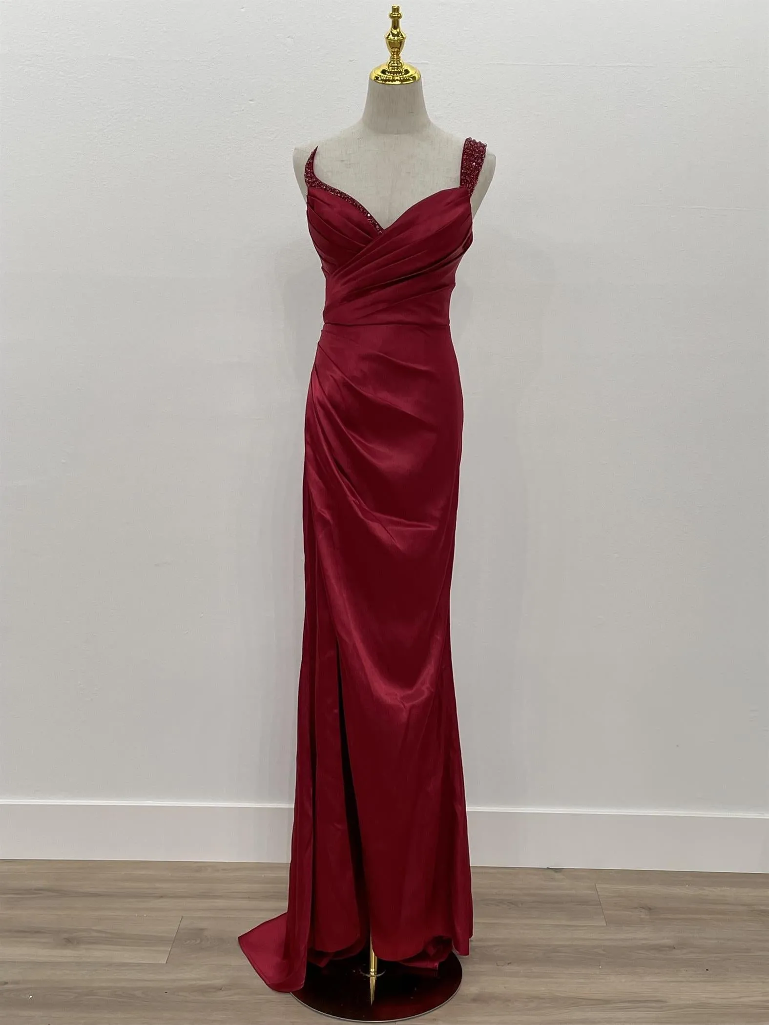 N F1381 - One Strap Beaded Accented Prom Gown With Leg Slit & Lace Up Corset Back