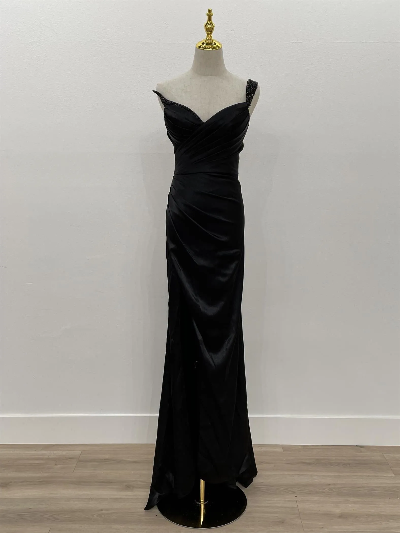 N F1381 - One Strap Beaded Accented Prom Gown With Leg Slit & Lace Up Corset Back