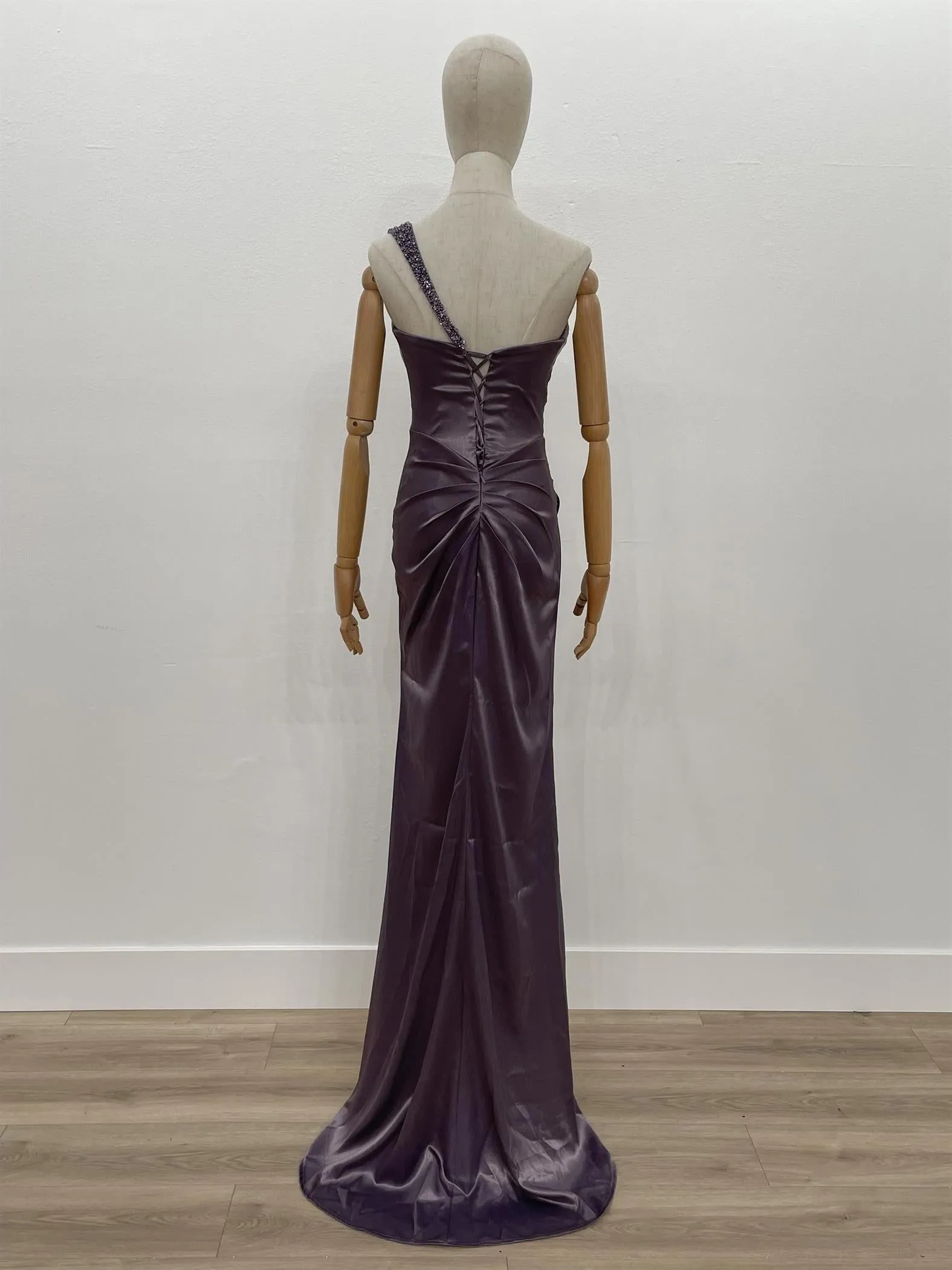 N F1381 - One Strap Beaded Accented Prom Gown With Leg Slit & Lace Up Corset Back
