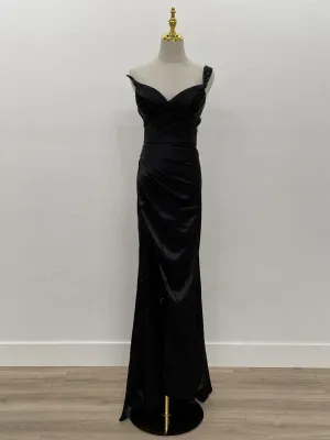 N F1381 - One Strap Beaded Accented Prom Gown With Leg Slit & Lace Up Corset Back
