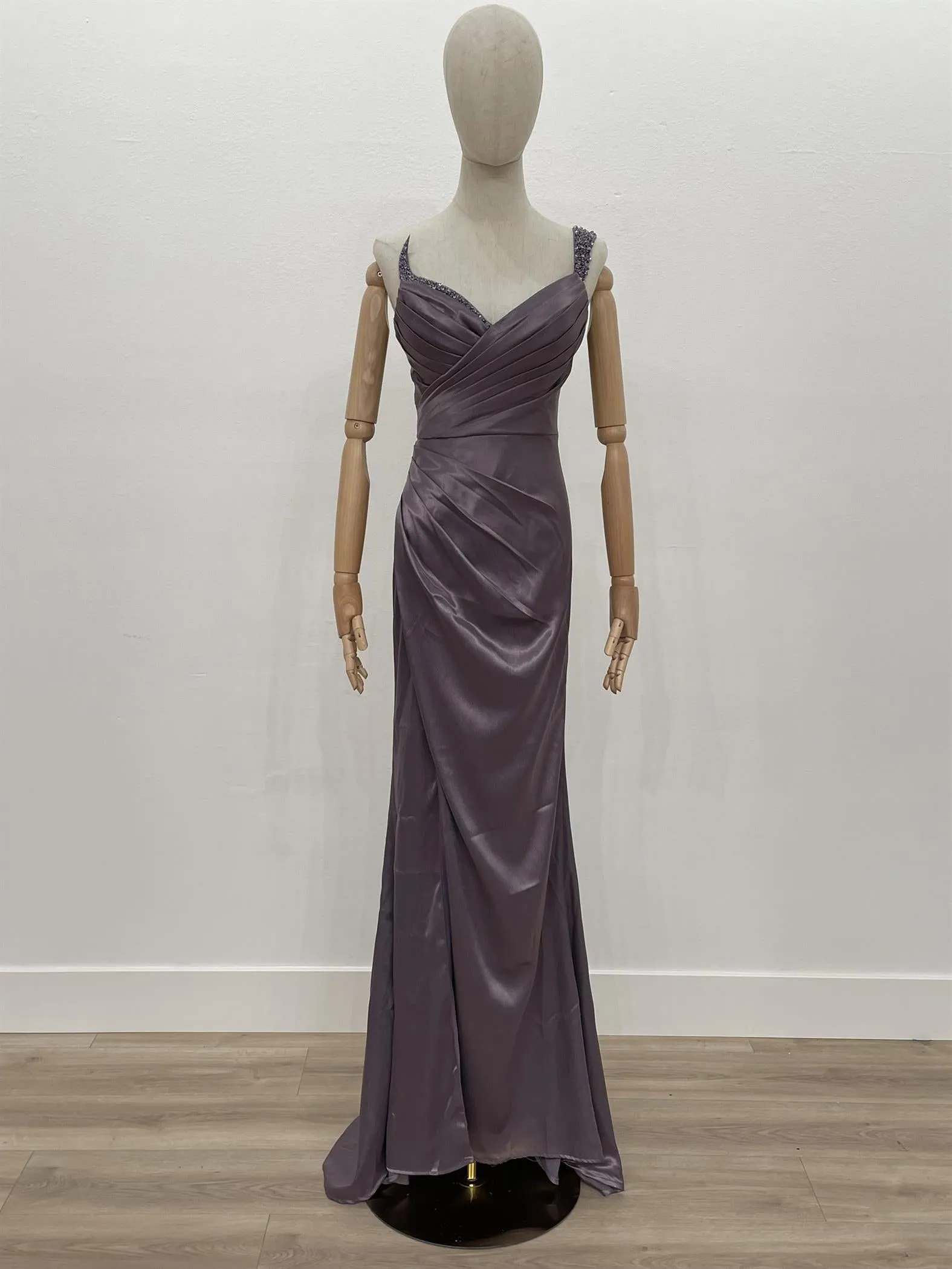 N F1381 - One Strap Beaded Accented Prom Gown With Leg Slit & Lace Up Corset Back