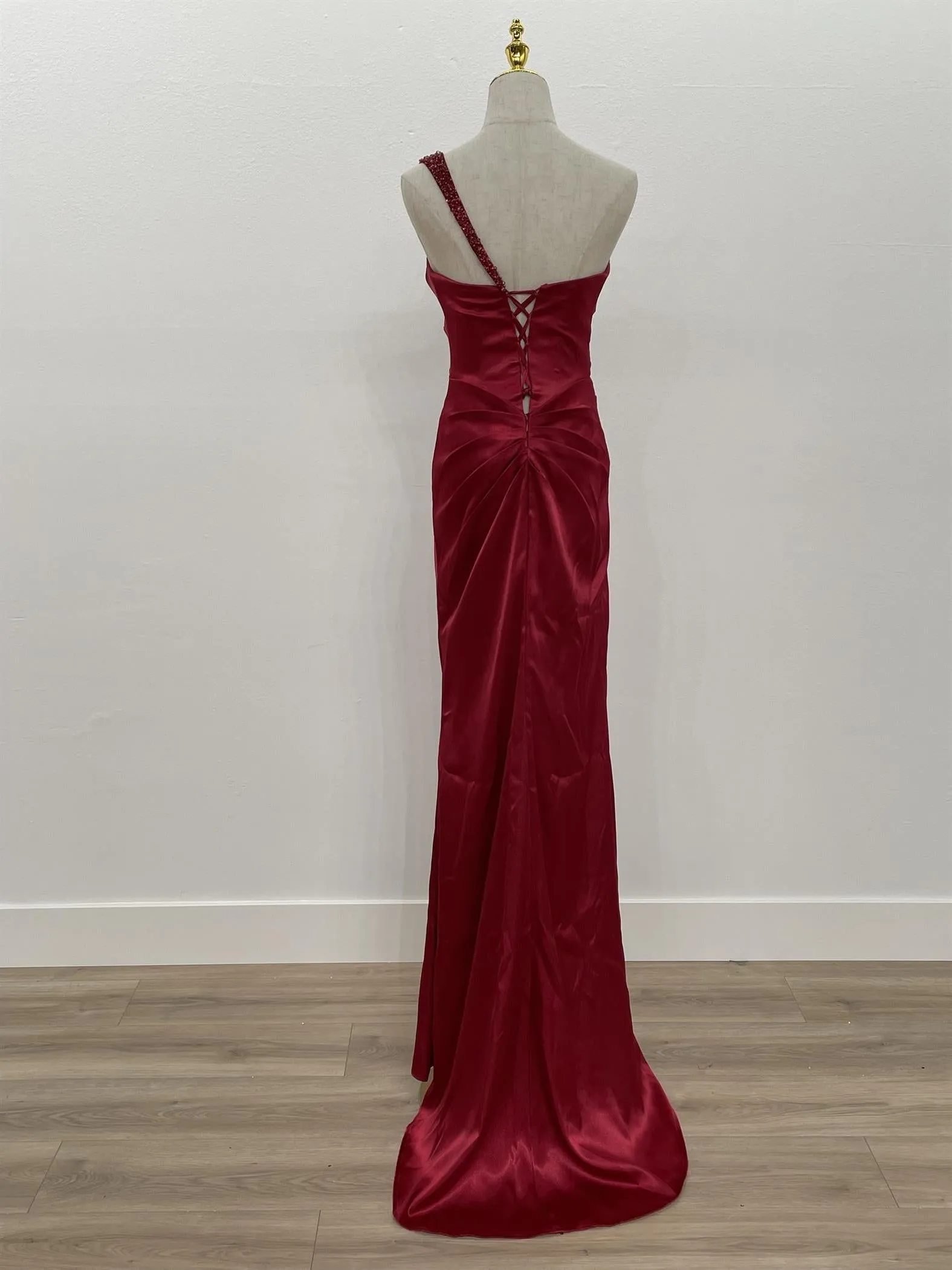 N F1381 - One Strap Beaded Accented Prom Gown With Leg Slit & Lace Up Corset Back