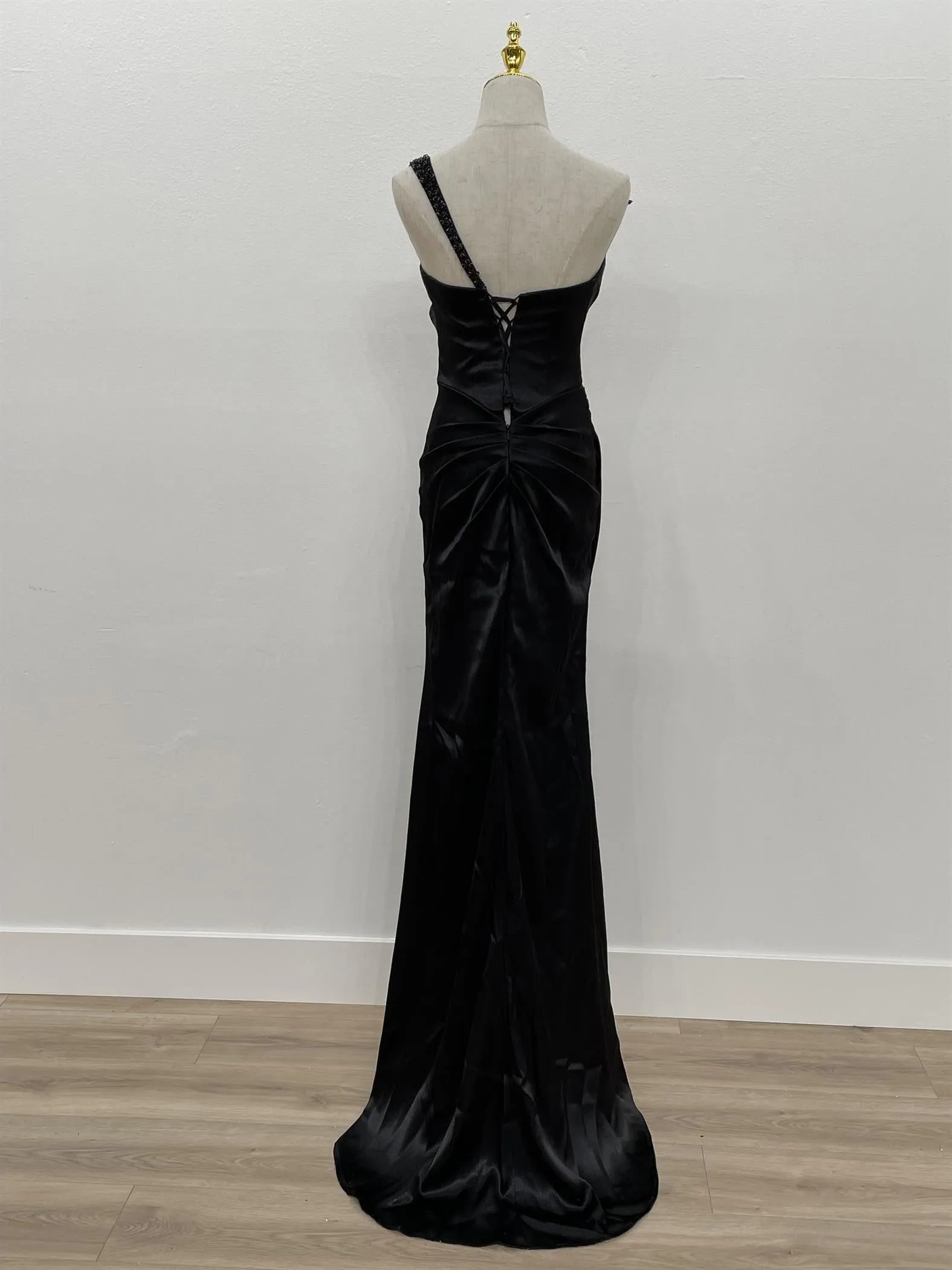 N F1381 - One Strap Beaded Accented Prom Gown With Leg Slit & Lace Up Corset Back