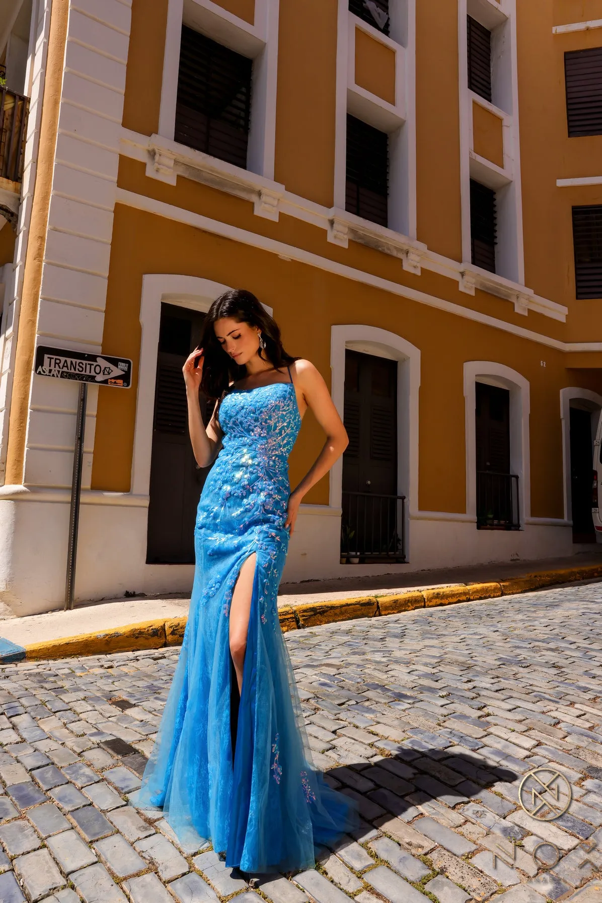 N P1401 - Iridescent Sequin Print Fit & Flare Prom Gown With Lace Up Corset Back & Leg Slit