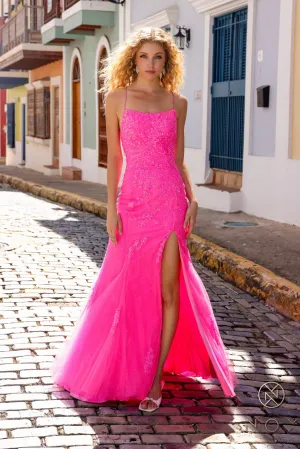 N P1401 - Iridescent Sequin Print Fit & Flare Prom Gown With Lace Up Corset Back & Leg Slit