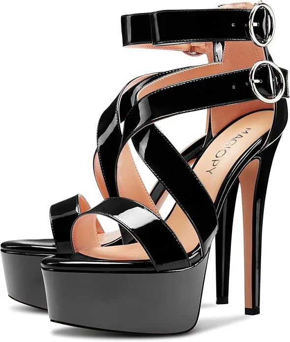 New in box! Grace in Every Step Womens High Stiletto Platform Heel Open Toe Ankle Strap Gladiator Sandals Prom Party Dress Patent Leather Shoes 5.9 Inches Heels Black, Sz 7